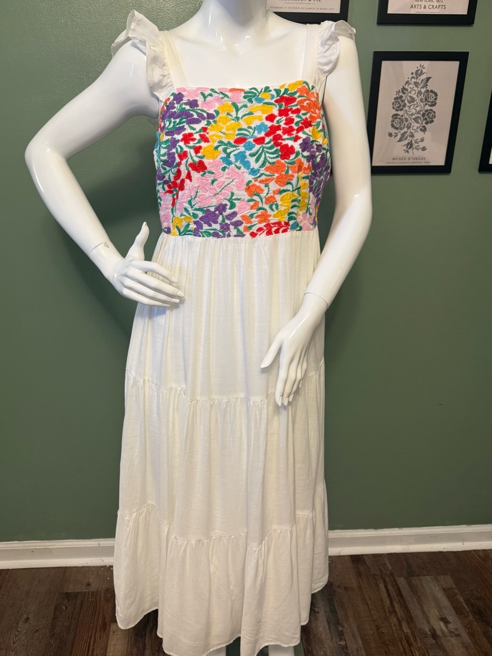 White Maxi Dress with Multicolored Floral Embroidered Bodice